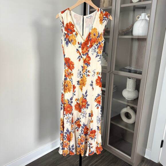 Reformation Baden V-Neck Orange Floral Midi Dress 2 Ivory Blue Print Cap Sleeve - Picture 2 of 8